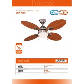 VINCO 70921 VENTILATORE DA A SOFFITTO 1 LUCE 4 PALE IN LEGNO 65W FUNZ.EST/INV
